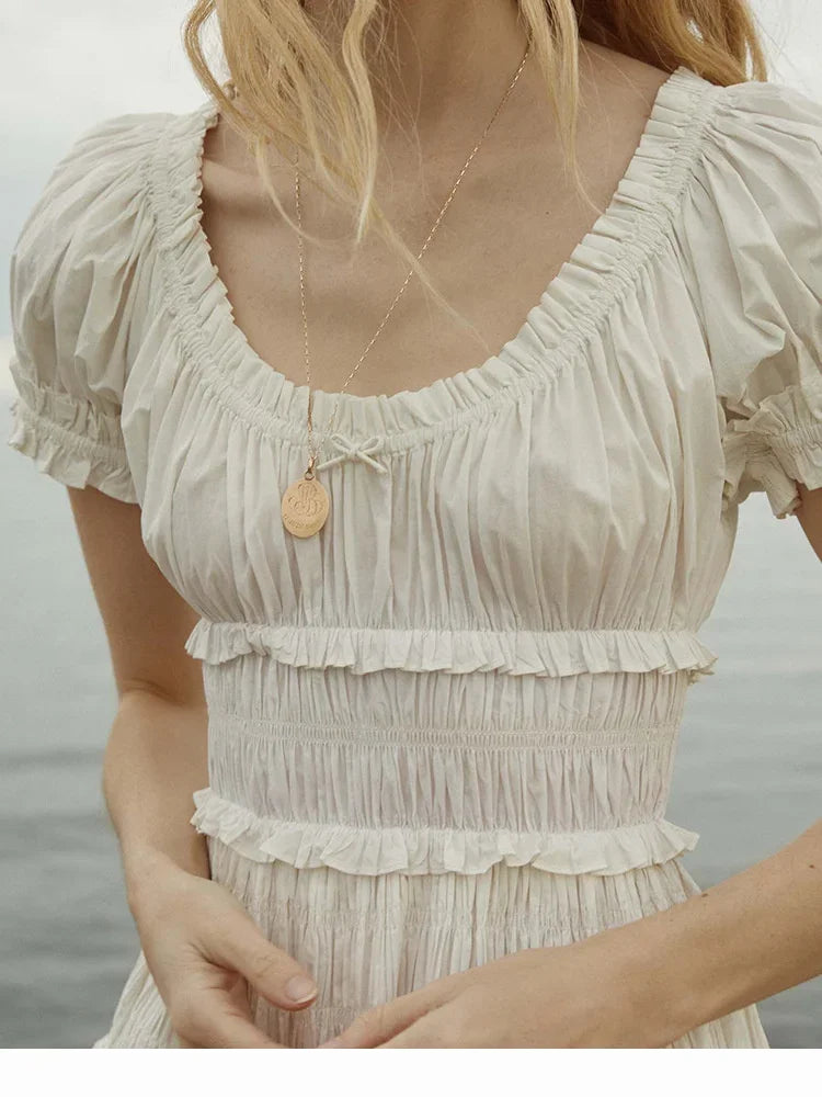 Summer Women Short Sleeve Midi Dress Puff Sleeve Ladies Ruffles Trim Holiday Elegant Pleated Long Robe