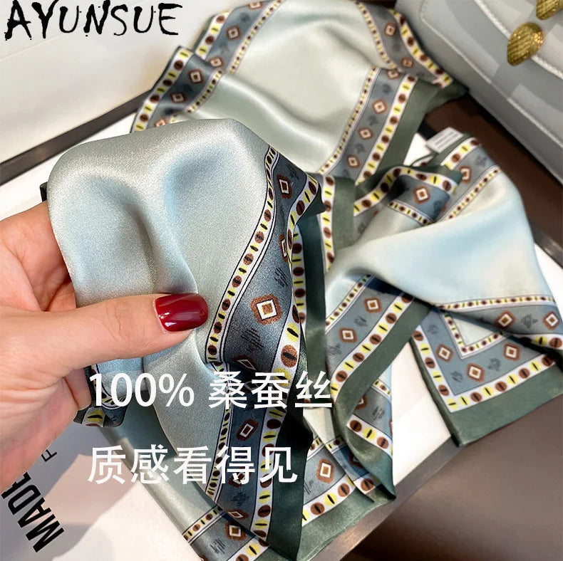 AYUNSUE, 100%Pure Slik Elegant Kerchief, 150cm Retro Printing, Mom Gift Commute Versatile Scarf, Summer Autumn A465130QC