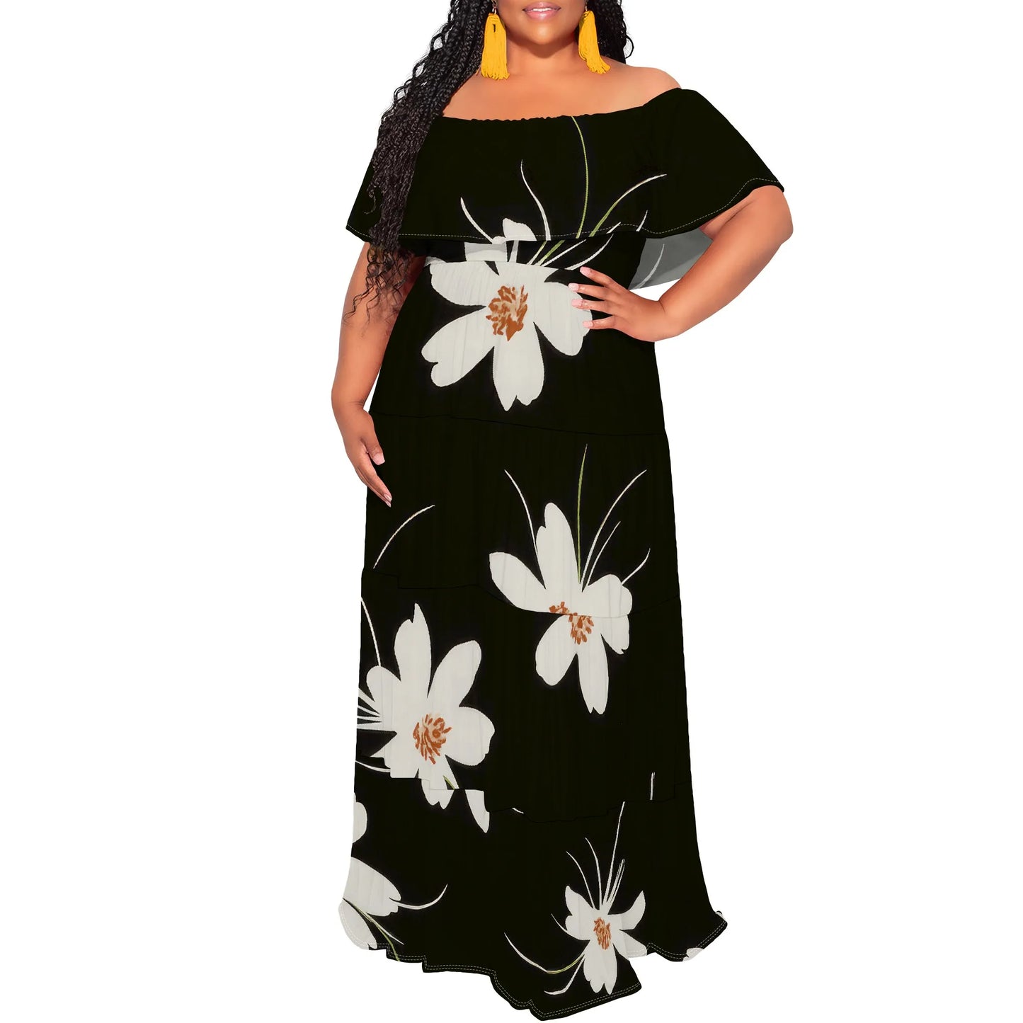 Womens Off The Shoulder Dress Summer Casual Long Ruffle Party Side Split Beach Maxi Dresses with Pockets
