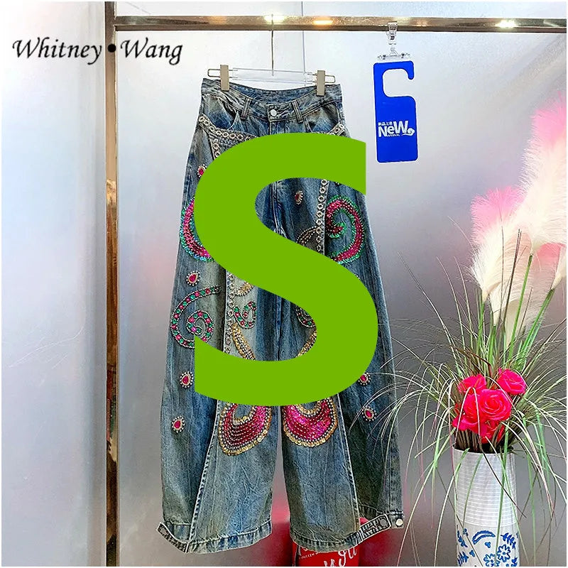 WHITNEY WANG Designer Style Autumn Winter Fashion Streetwear Sequins Diamonds Wide Leg Jeans Women Denim Pant Size S-5XL