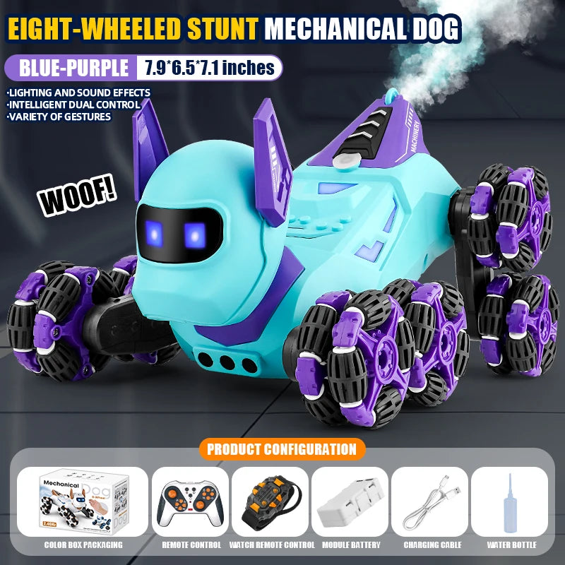 Rc Stunt Car 8-Wheel Mechanical Robot Dog with Lights Spray for Kids Remote Gesture Sensing Control Electronic Pet Toy Car