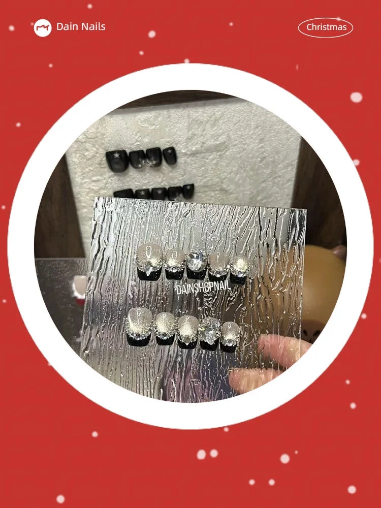 Black Silver-press on Nails Party Gift for Yourself Lover Friend Kids Nails Short Christmas