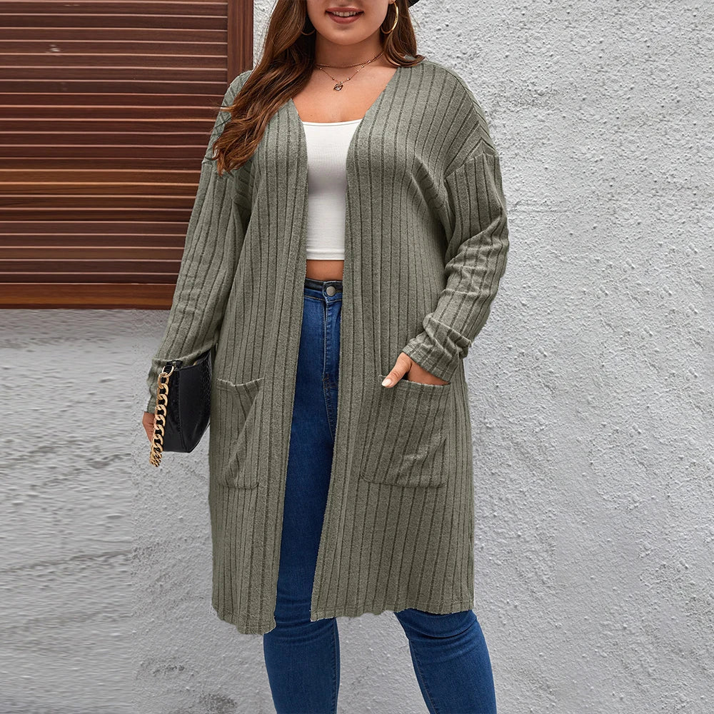 Plus Size Women's Solid Ribbed Long Sleeve Pockets Cardigan Tops Spring Autumn Ladies Casual Coatigan Outwear Size 1XL-5XL coat