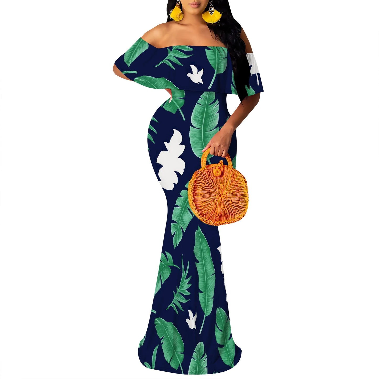 Women's Maxi Bodycon Off The Shoulder Dress Short Ruffle Sleeves Strapless Long Boho Dress Cocktail Party Wedding Dress