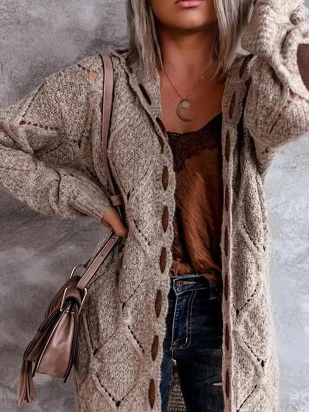 Plus Size Color Block Hooded Cardigan, Elegant Mid-Length Thick Knitted Sweater Coat With String, Women's Plus Size Clothing