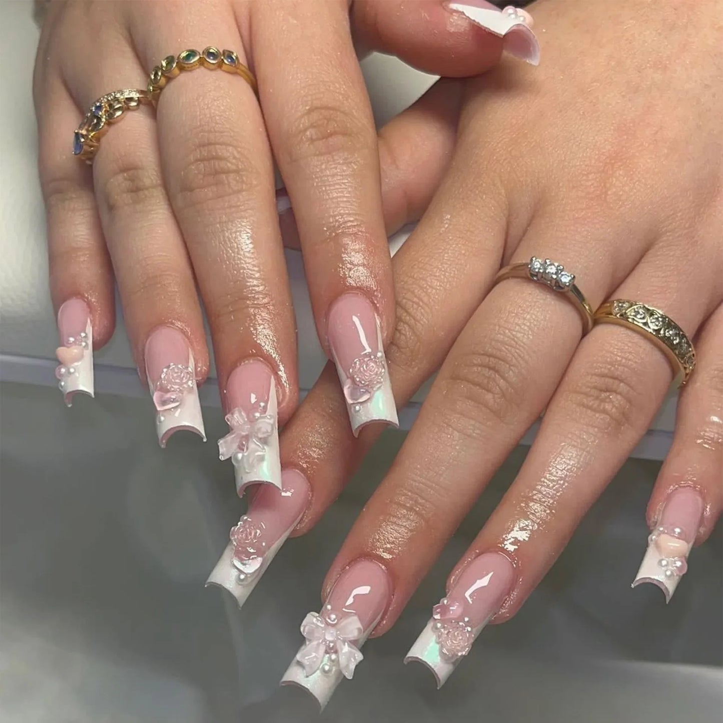 24Pcs Ballet Square Pink Press on Bow Nails 3D Flower with Bandage Design French Nail Tips for Women&Girls Daily,Spring wear