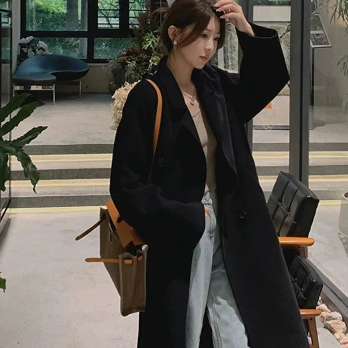 Plus Size Elegant Woolen Coat Women's Autumn Winter Knee-Length Overcoat Korean Style Hepburn Medium Length Outerwear for Women