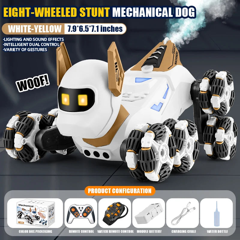 Rc Stunt Car 8-Wheel Mechanical Robot Dog with Lights Spray for Kids Remote Gesture Sensing Control Electronic Pet Toy Car