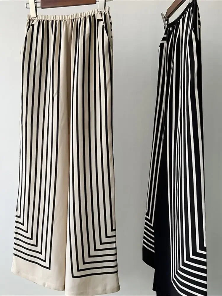 Women Geometric Striped Print Trousers 100% Silk Female Loose Elastic Waist Wide Leg Casual Long Pant Summer New
