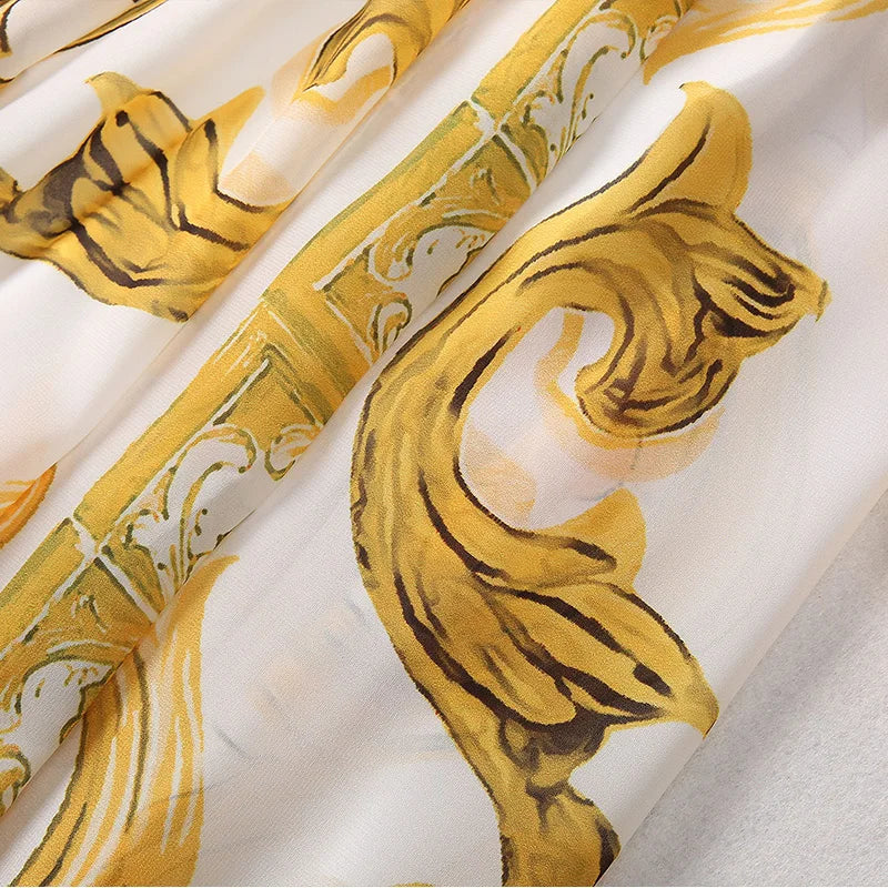 Fashion Designer Long Dress Women Elegant V-Neck Long Sleeved Printed Belt Dresses Luxury Designer High Quality Female Clothing