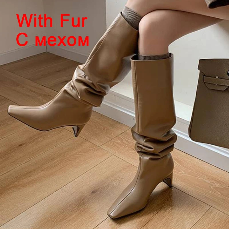 Manufacturer JOZHAMTA Size 34-43 Women Real Leather Long Boots Fashion High Heels Shoes For Winter Boots Office Lady Daily Dress Shoes boots