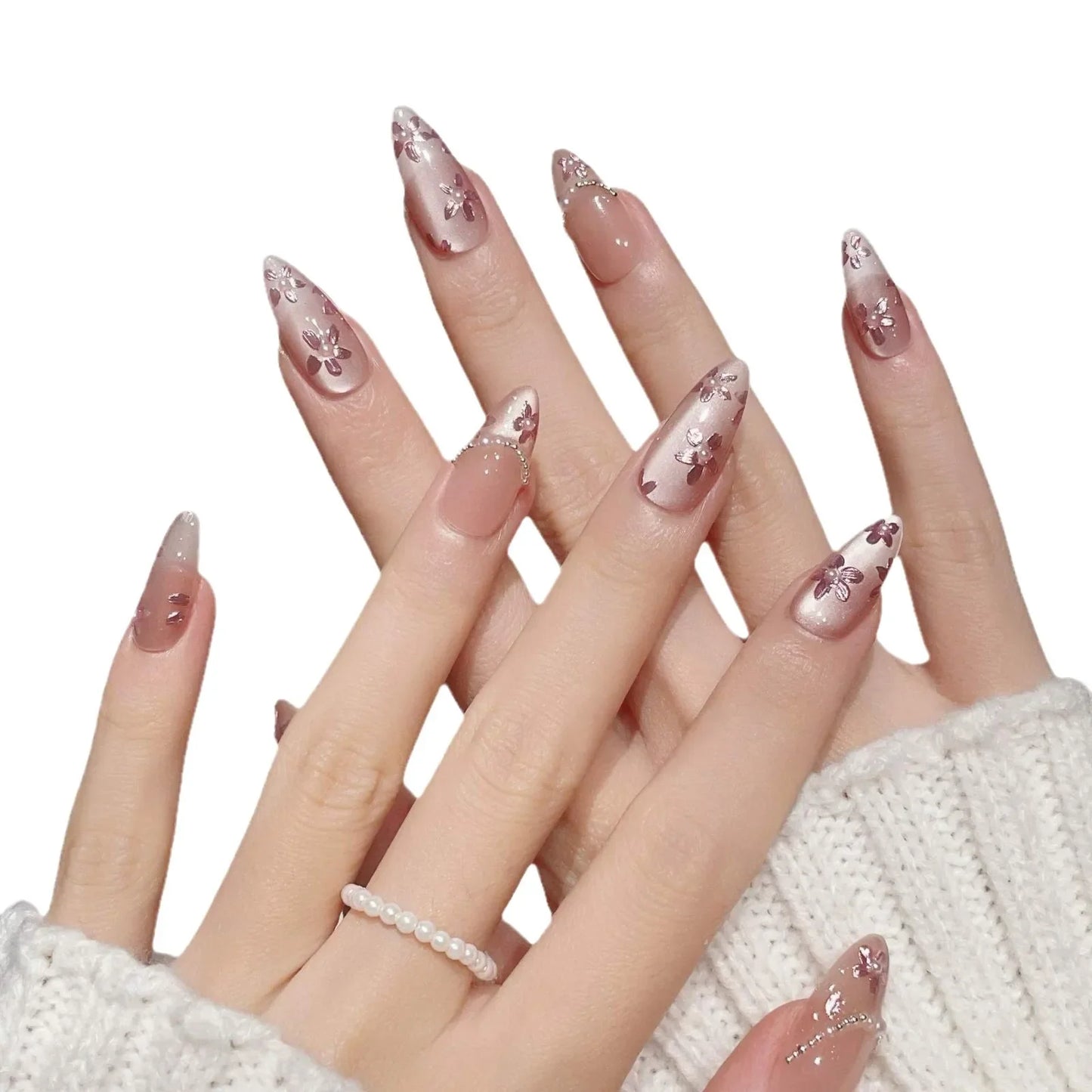 10Pcs Handmade Almond Press On Nails Flash Gradient Wear Pink Flower Design French False Nails Wearable Manicure Nail Tips