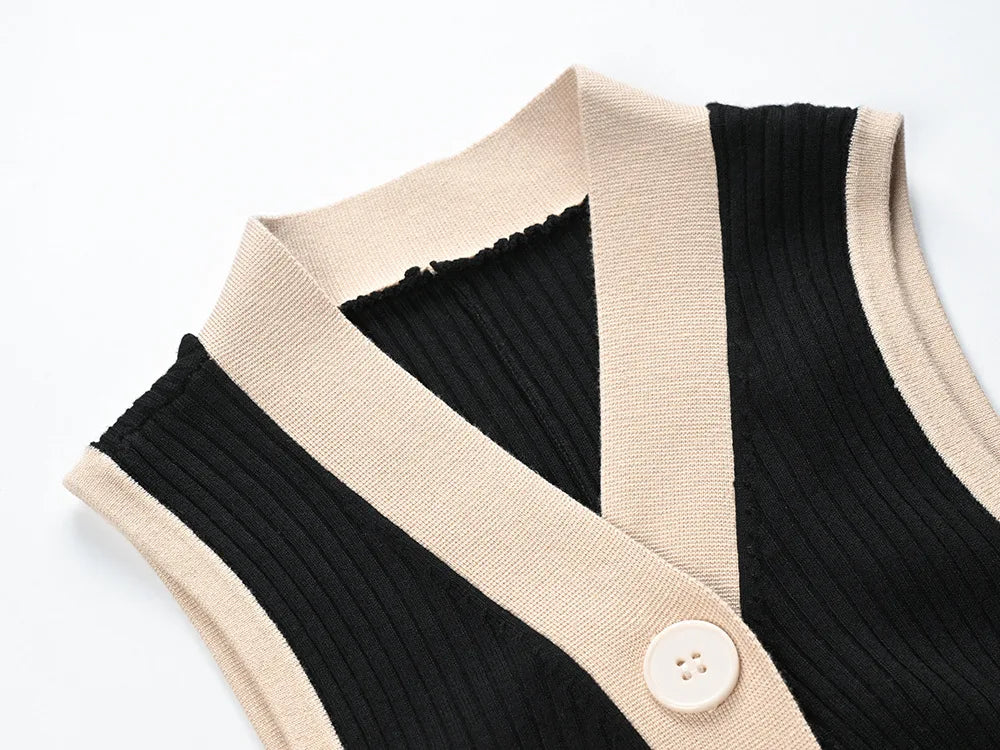 Elegant Long Skirt, Black and White Contrasting V-neck Sleeveless Long Knitted Dress, New Spring and Summer Style in clothes