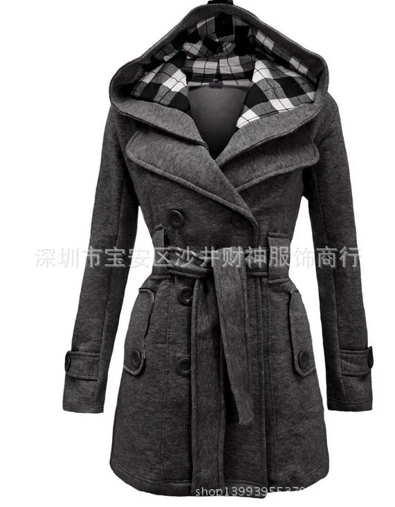 Long Plaid Hooded Coat with Belt Double Row Buttons New Hot Sale Of The Season Women's Woolen Jacket Simple Solid Color Full Sle