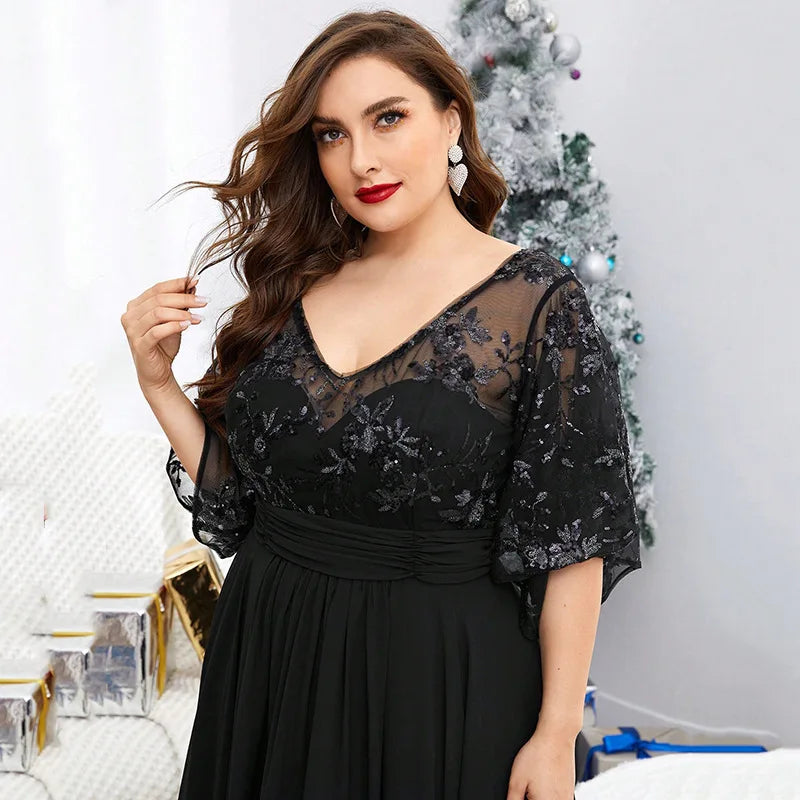 Plus Size Dresses V-neck Sequin Embroidered Frocks See-through Long Sleeve Patchwork Chiffon Full Skirt Evening Gown Ball Dress