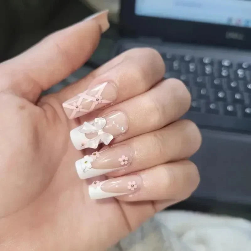 24Pcs Ballet Square Pink Press on Bow Nails 3D Flower with Bandage Design French Nail Tips for Women&Girls Daily,Spring wear