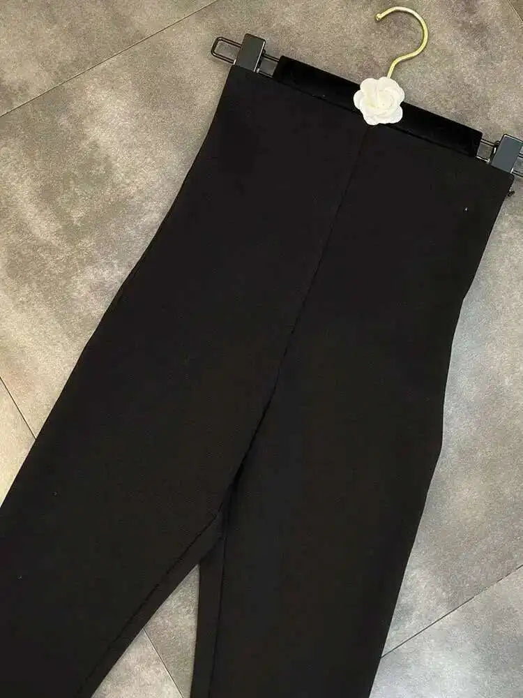 Casual High Elastic Waist Cross Patchwork Design Pencil Pants For Women Stretch Black Trousers Autumn Female pant