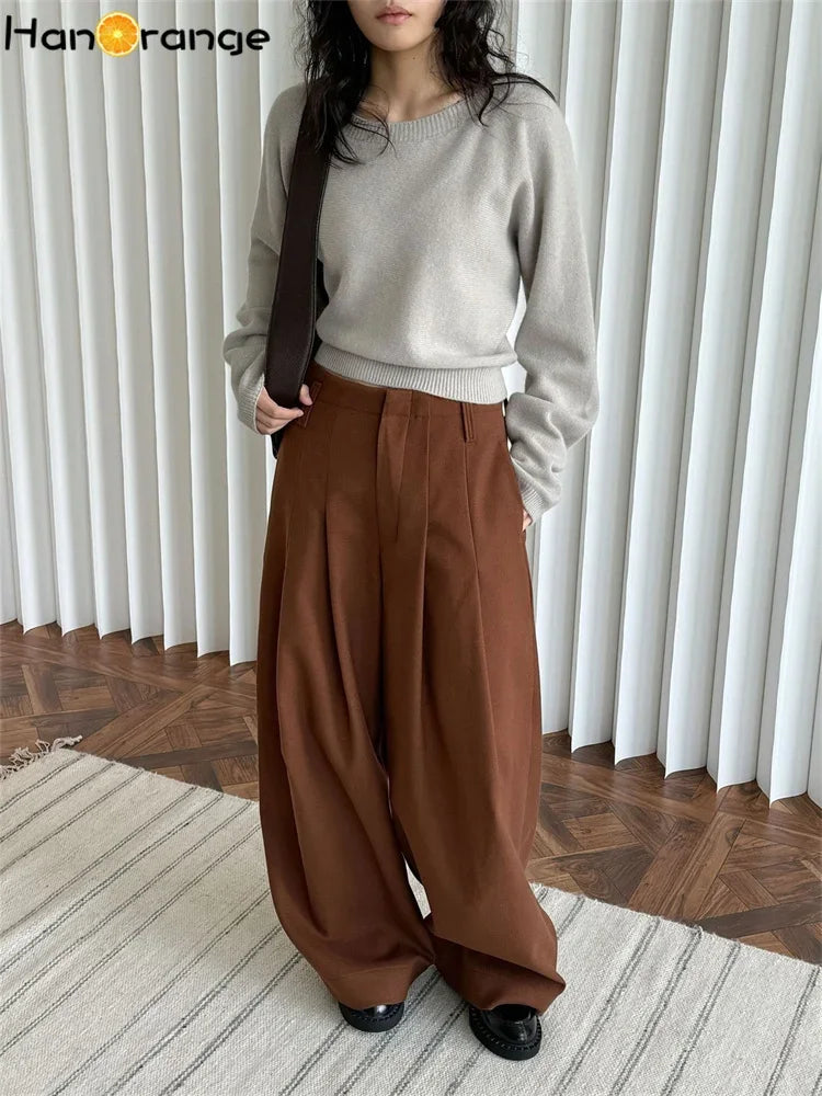 HanOrange Winter Wide Leg Pant Women Straightening Thick Trousers White/Black/Dark Brown