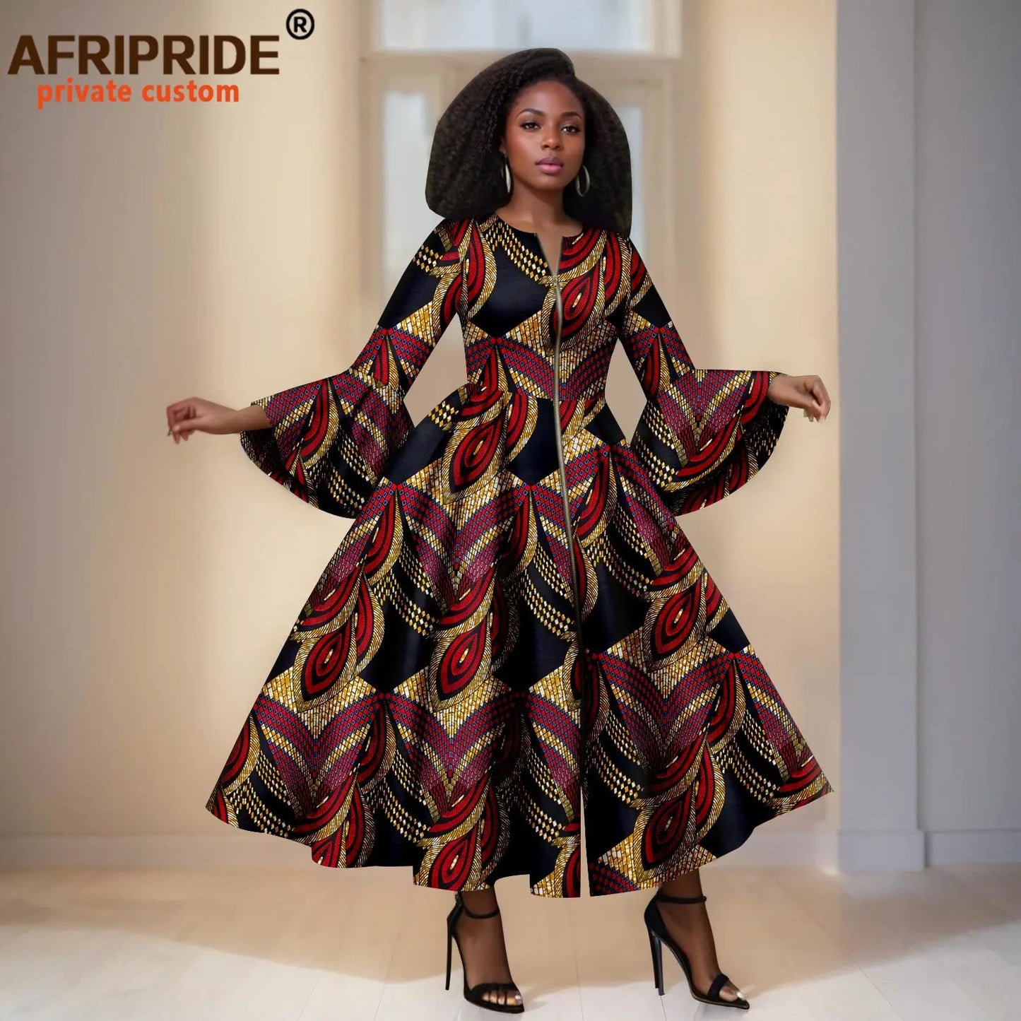 African Print Dresses for Women Flare Sleeve Elegant Zip Maxi Dress Party Attire for Lady Dashiki Long Dress