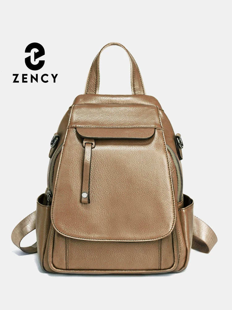 Zency Genuine Leather Women's Fashion Backpack High Quality School Travel Shoulder Bag Satchel Rucksack Multifunctional Pockets