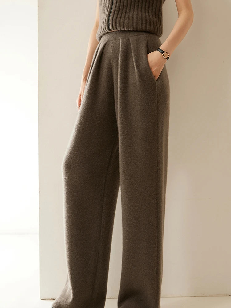 High Quality Women 100% Cashmere Pants Pleated Waist Wide Leg Pant Casual Simple Style Autumn Winter Cashmere Knit Trousers