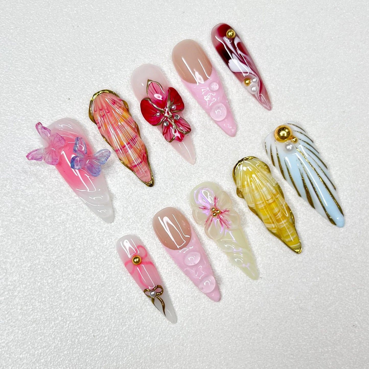 New Heavy Industry Long Tip Relief 3D Press on Nails Flower Series Handmade High-end Fake Nails Mandarin Duck Series