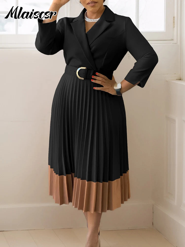 Mlaiscsr Elegant Long Sleeve Solid High Waist A Line Pleated Dress with Belt Women Office Lady African Birthday Evening Vestidos