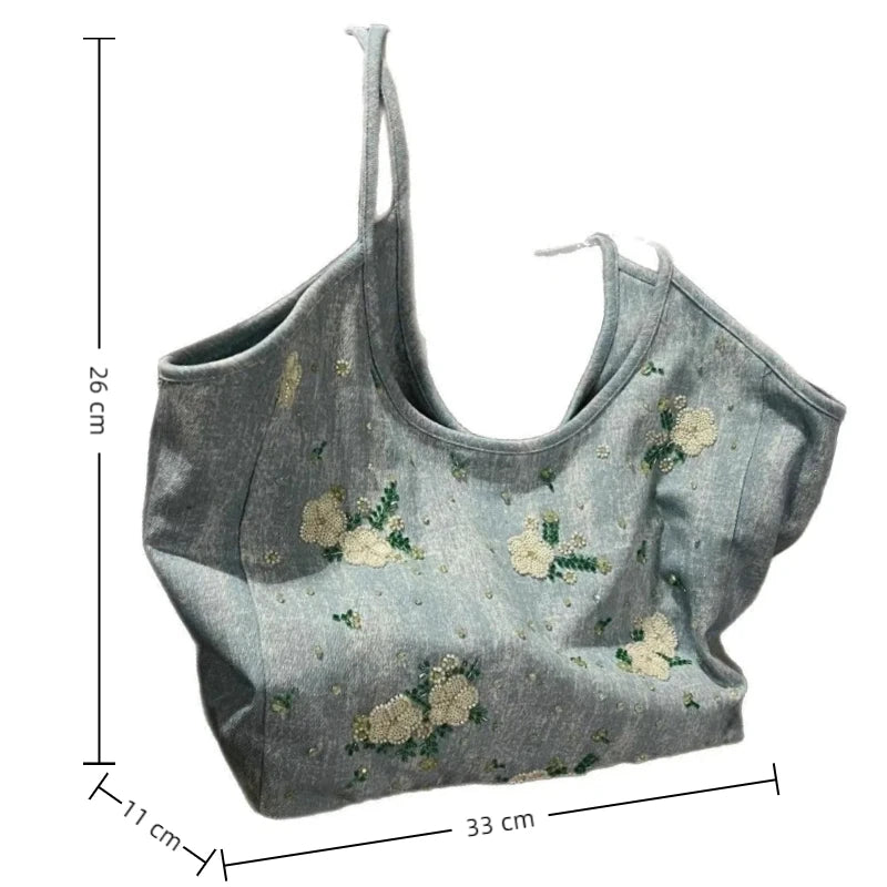 Heavy Industry Ten Thousand Needles Embroidery, Denim Handbag for Women, Casual and Versatile Large Capacity Commuting Tote Bag