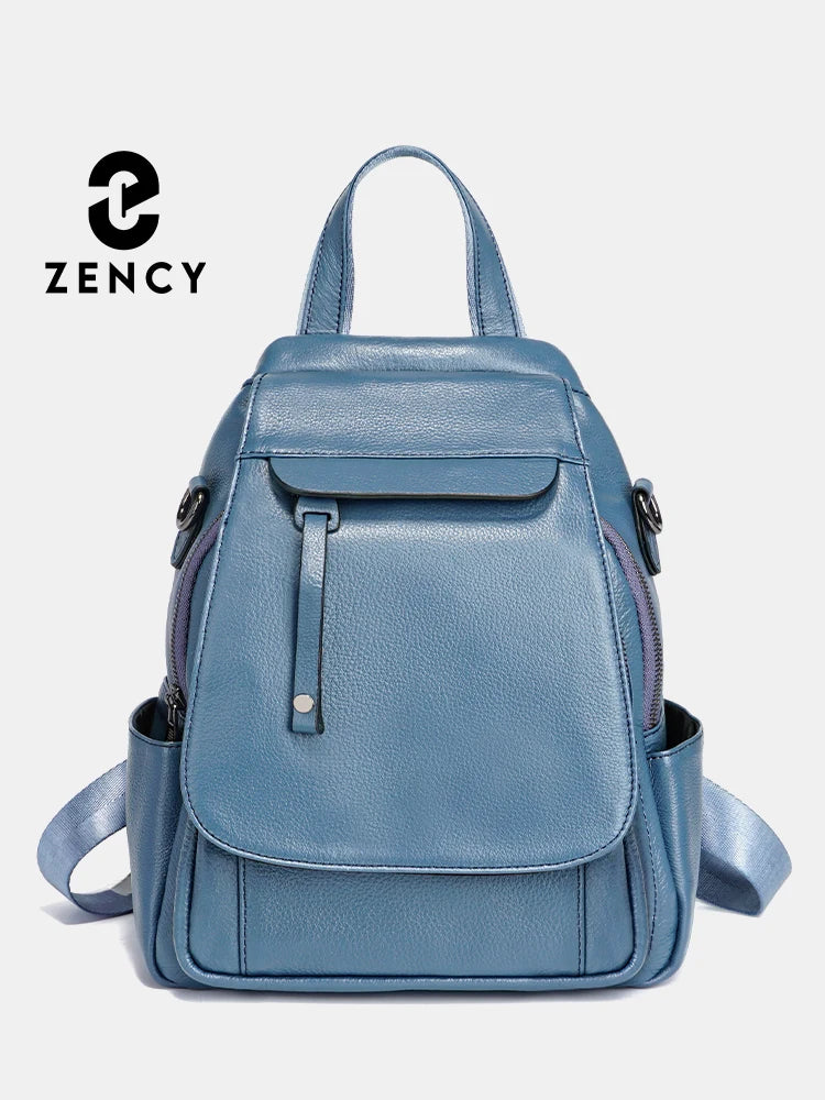 Zency Genuine Leather Women's Fashion Backpack High Quality School Travel Shoulder Bag Satchel Rucksack Multifunctional Pockets
