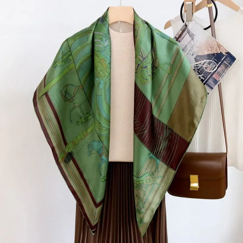 High-end Elegant Women Fine Olive Green Saddle Splicing Print Quality Plain Satin Silk Hand-rolled Edge Large Square Scarf Shawl