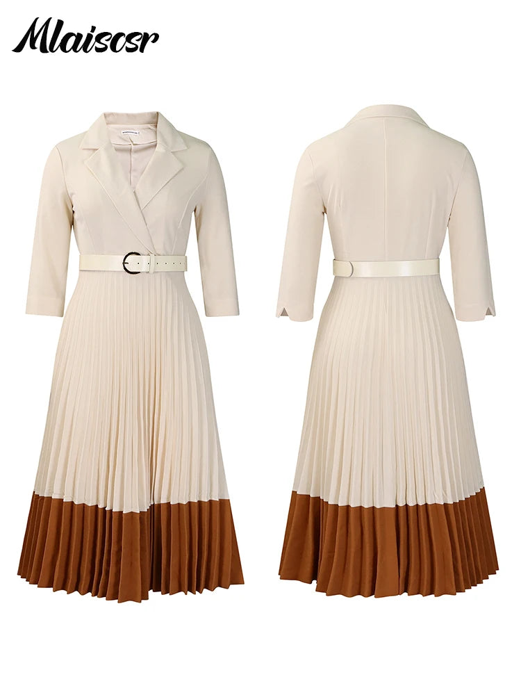 Mlaiscsr Elegant Long Sleeve Solid High Waist A Line Pleated Dress with Belt Women Office Lady African Birthday Evening Vestidos