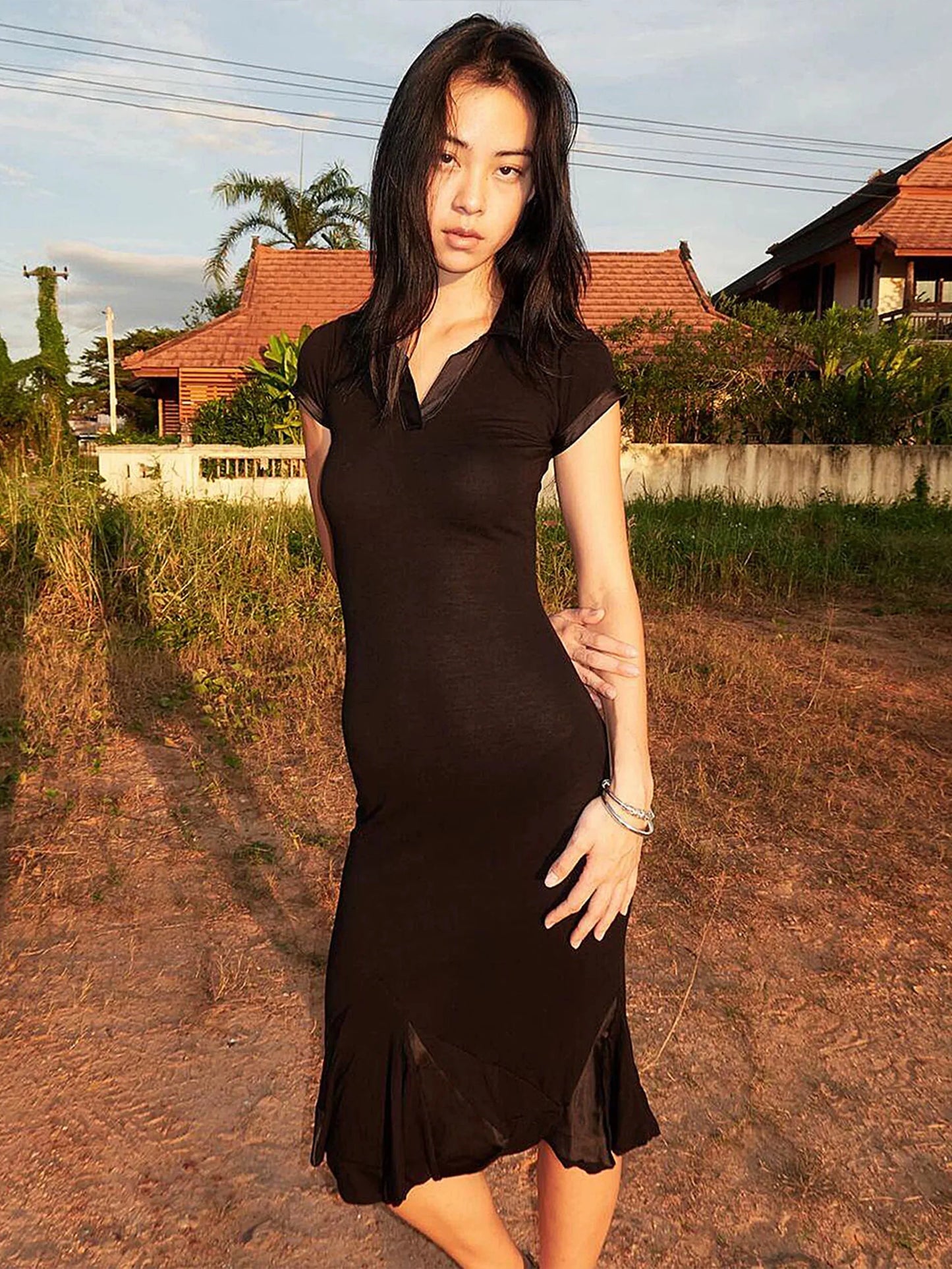 Tank black polo collar dress Bella same style splicing design short sleeve irregular long skirts