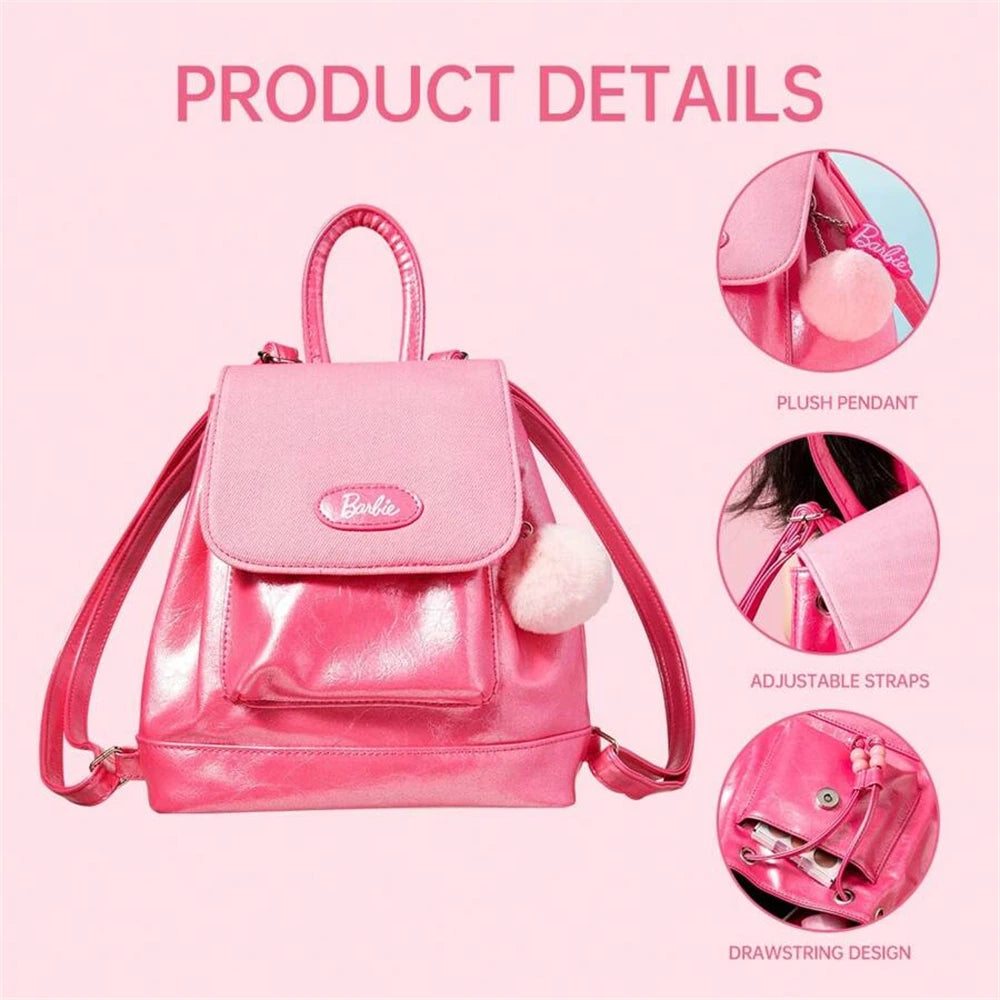 Miniso Barbie Fashion Shoulder Bag PU Leather Backpack Pink Handle Bag Crossbody Bag Multi Pocket Functional Backpack For School