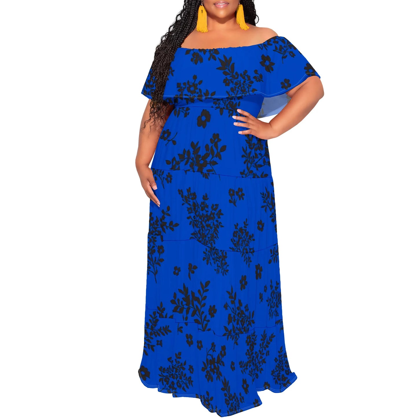 Womens Off The Shoulder Dress Summer Casual Long Ruffle Party Side Split Beach Maxi Dresses with Pockets