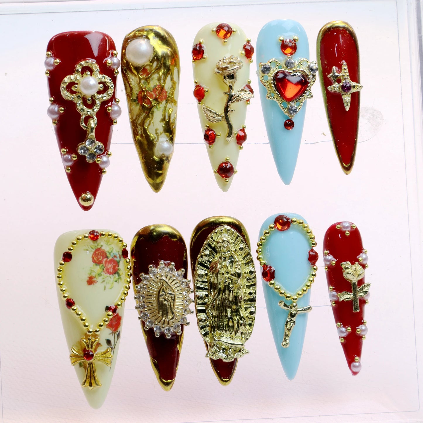 10Pcs Elegant Virgin Mary Cross Press On Nails Custom Handpainted Almond Nail,luxury Design Nail Art for Birthday Holiday Gift
