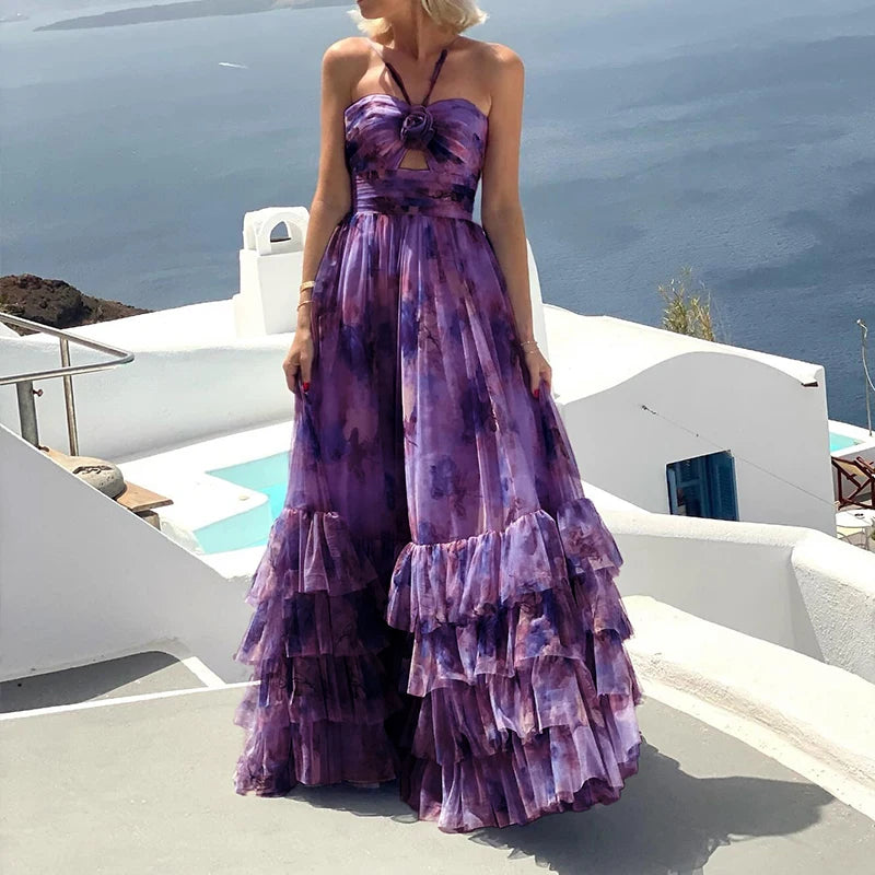 Women Fashion Hollow Off Shoulder Summer Dress Sexy Sleeveless Pleated Long Dress Elegant Halter Pattern Print Mesh Party Dress