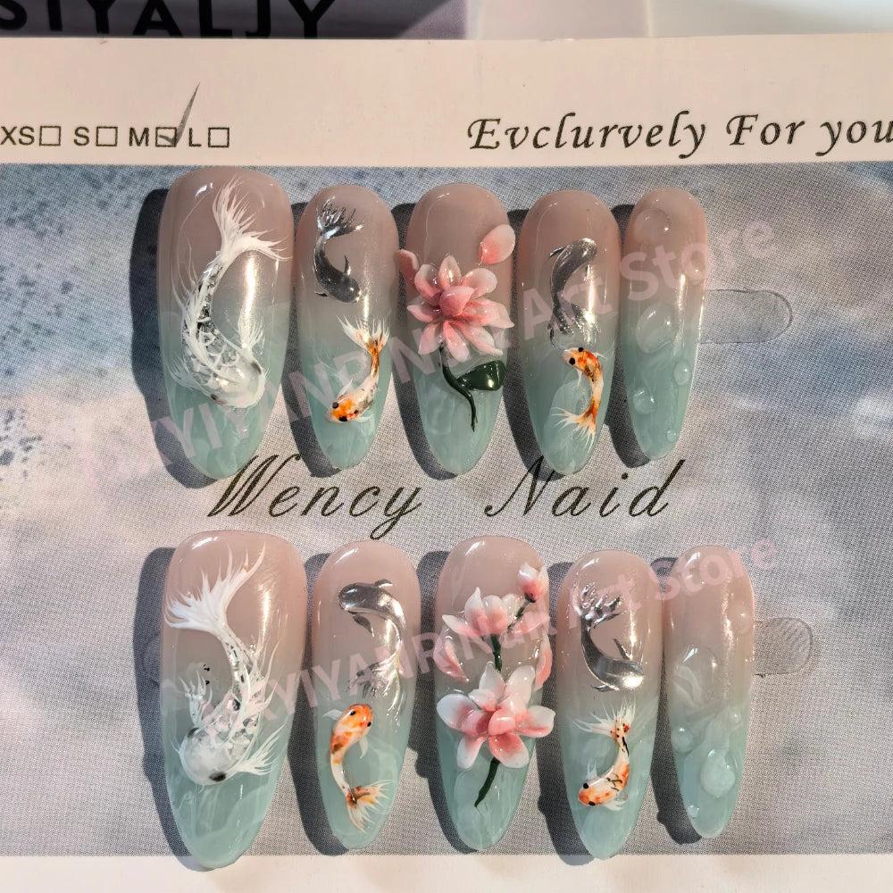 10 Pcs Floral & Fish Long Almond Press On Nails Hand Carved 3D Art Reusable Gel Tips Spring Fake Nails for 2025 Trendy Manicure