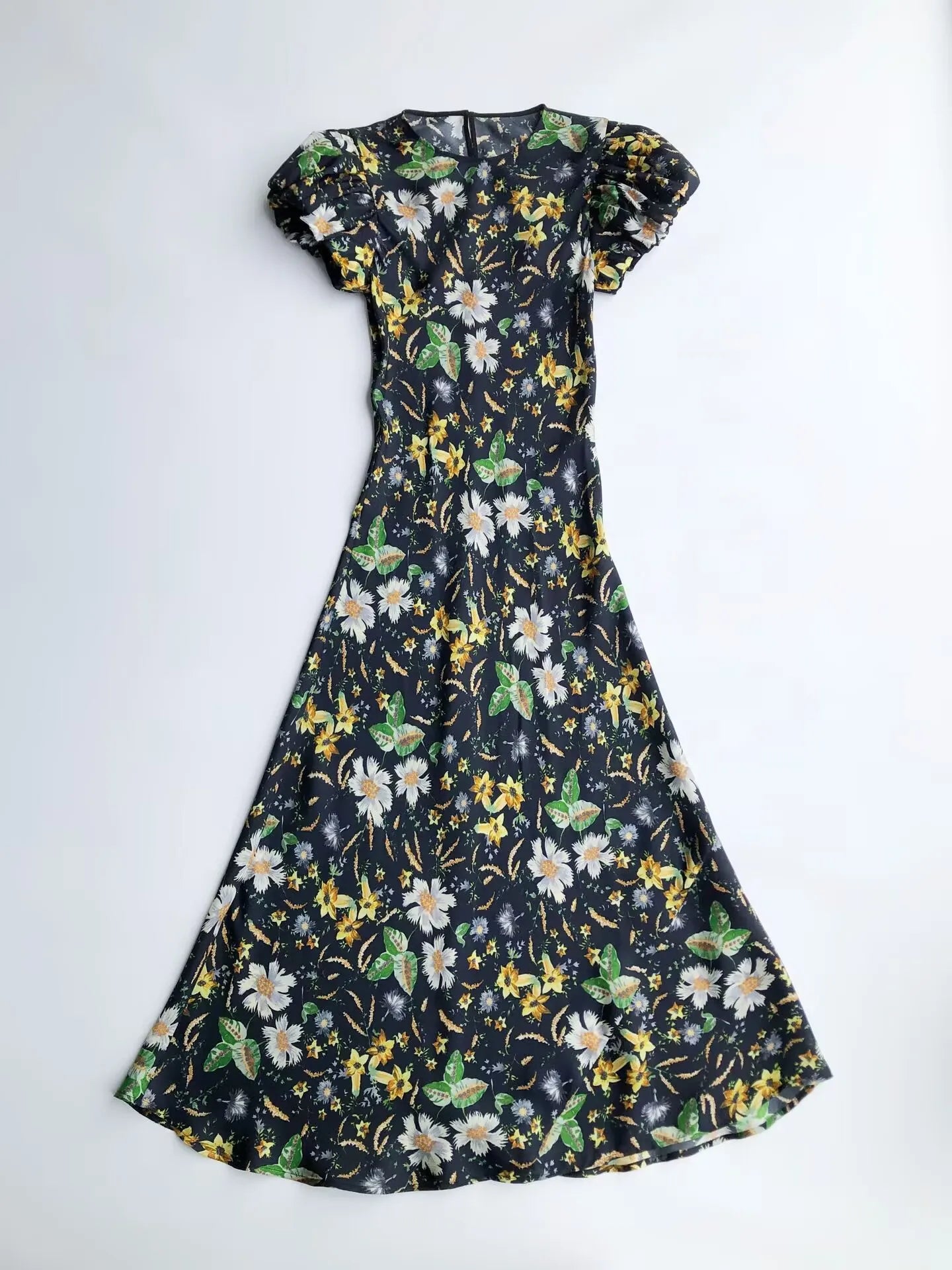 Women Retro Flower Print Long Dress Round Neck Short Puff Sleeve Vintage Slim Robe