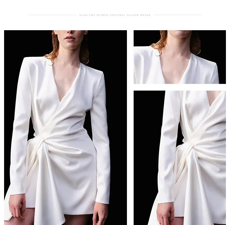 White Slimming Long Sleeve V-Neck Women's Dress Fashionable Design Elegant Lady Sexy Mini Dress Neutral Minimalist Style