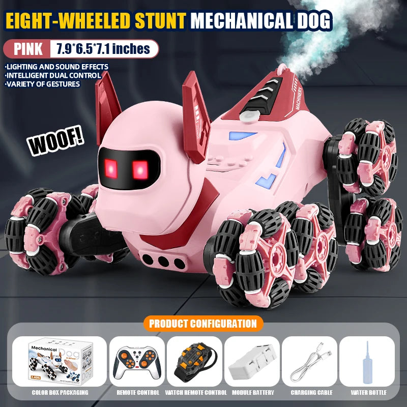 Rc Stunt Car 8-Wheel Mechanical Robot Dog with Lights Spray for Kids Remote Gesture Sensing Control Electronic Pet Toy Car