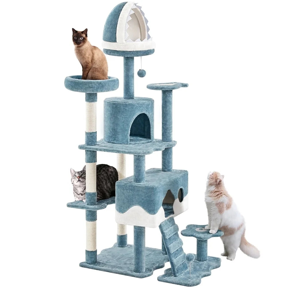 Ocean-Themed Cat Tree Large Multi-Level Condo Shark Bed Fish Perch Sturdy Scratch Post Cats cat toy