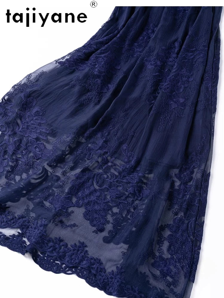 TAJIYANE 100% Mulberry Silk Dresses Woman Summer Dark Blue Embroidery Long Dress Vacation Vest Frocks Women Clothing платье
