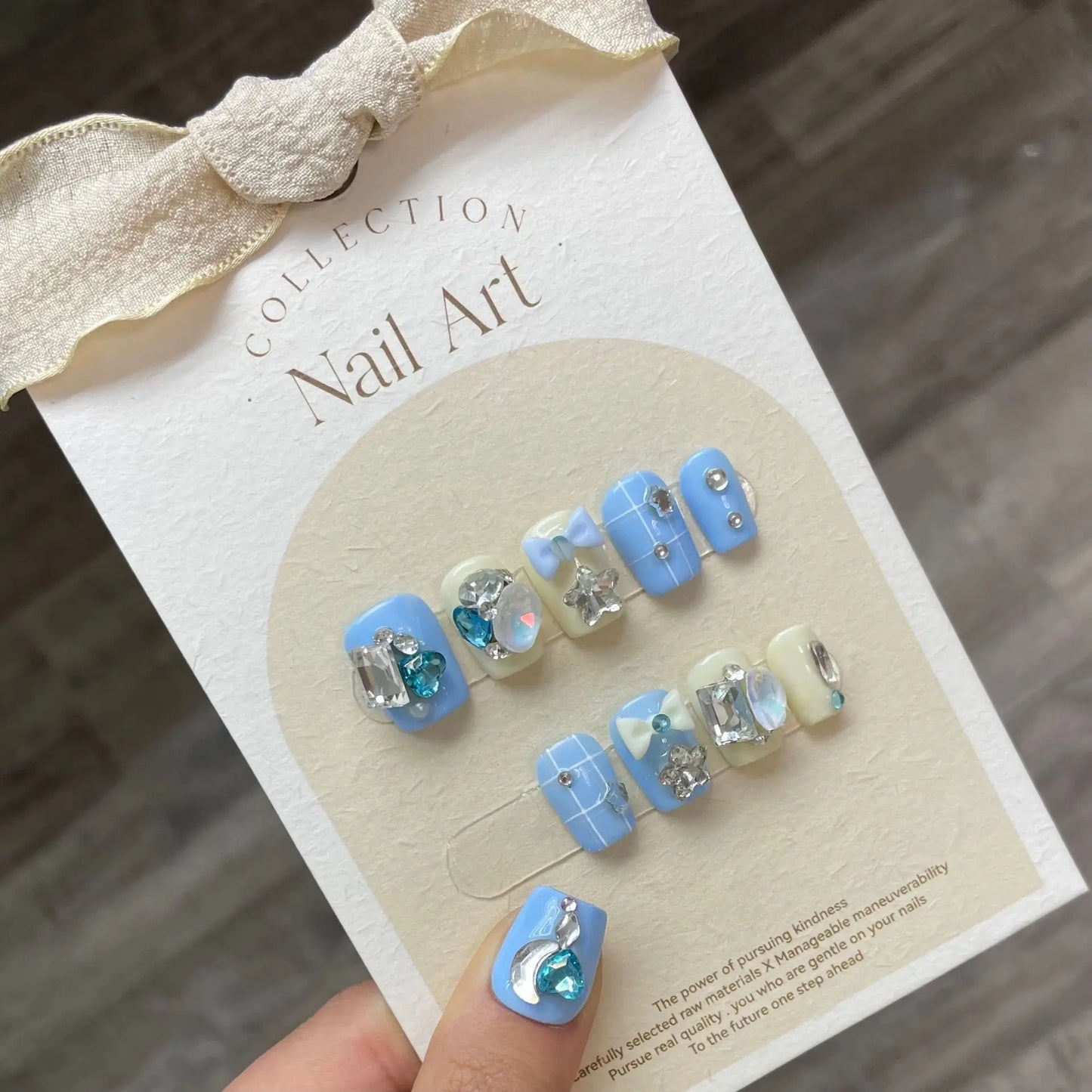 10 PCS Luxury Handmade Press on Nails Short Trapezoid Blue Chessboard Design with 4-PIECE Tool Adhesive Nail Glue Tabs
