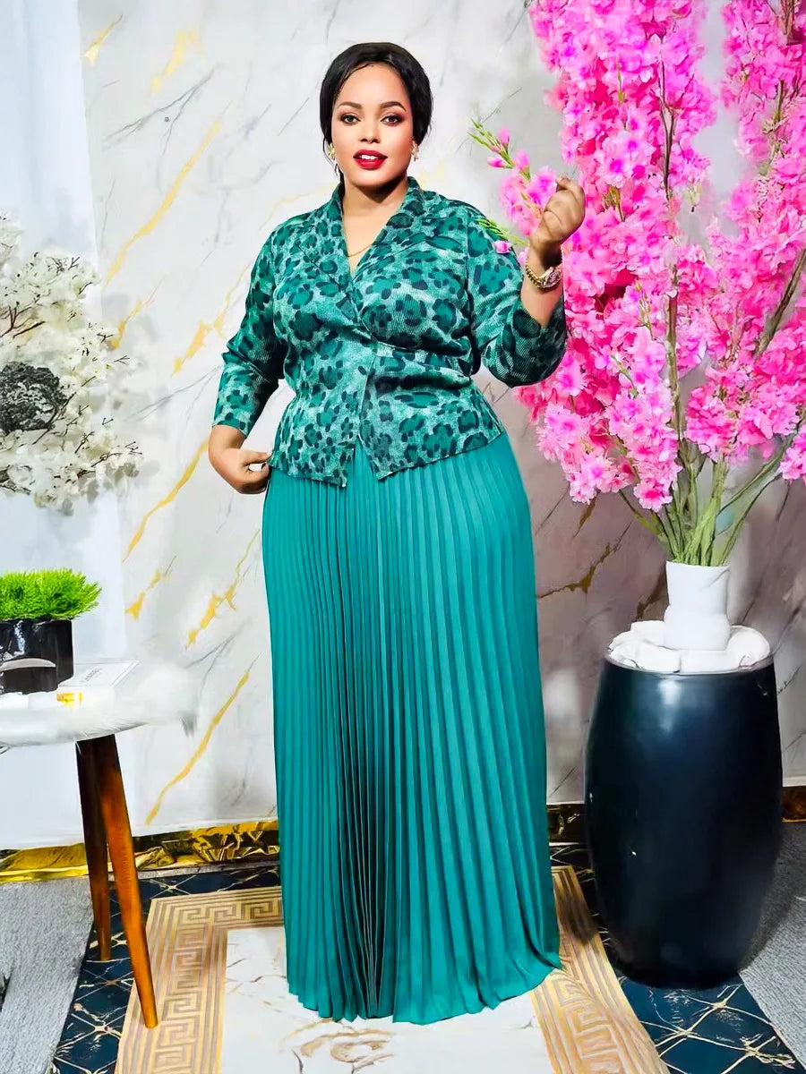 African Plus Size Women's Dresses Miyake Pleated Printed Long Sleeve Tops Pleated Long Simple Loose Middle East Prom Dresses