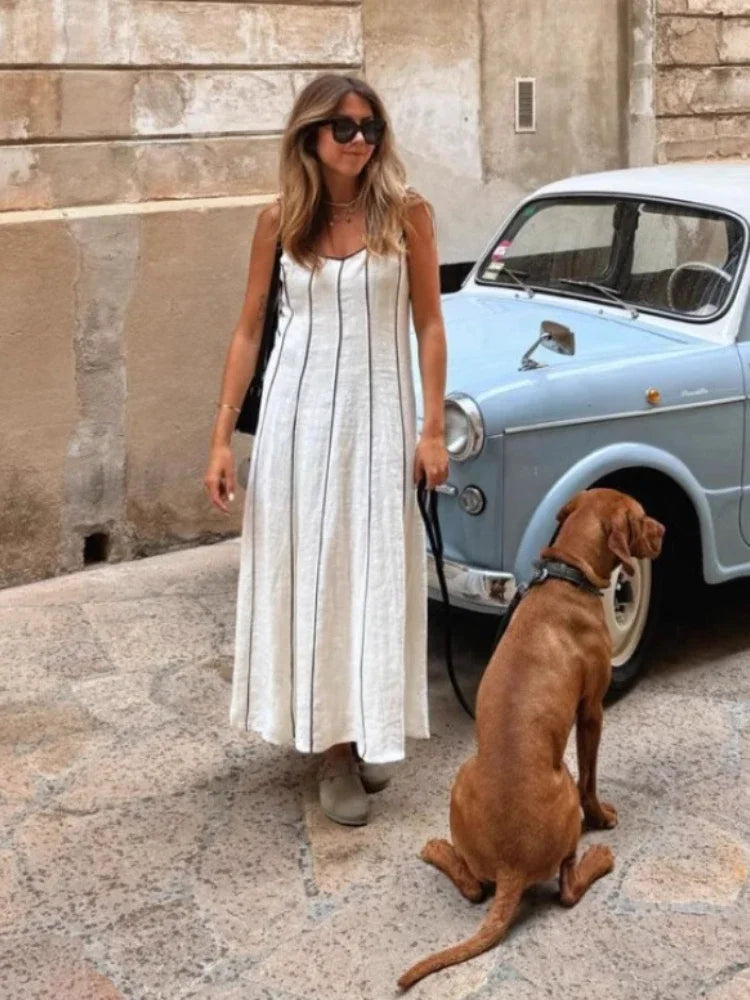 Women's French Commuter Striped Dress U-neck Sleeveless Off-shoulder Suspenders Casual Long Dress Fall Female Chic Party Dresses
