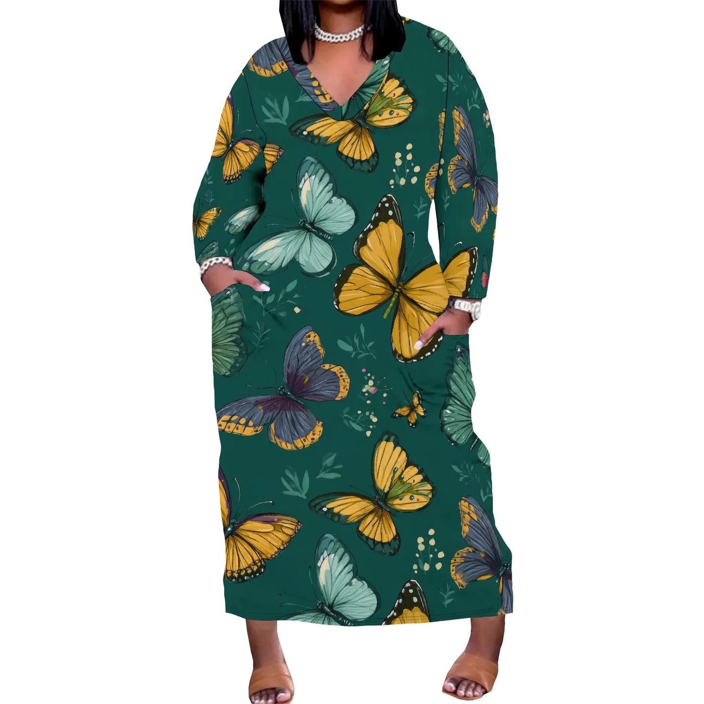 Oversized Baggy Summer Womens Print Dresses Sexy Casual T-Shirt V Neck Long Sleeve Maxi Dress with Pocket