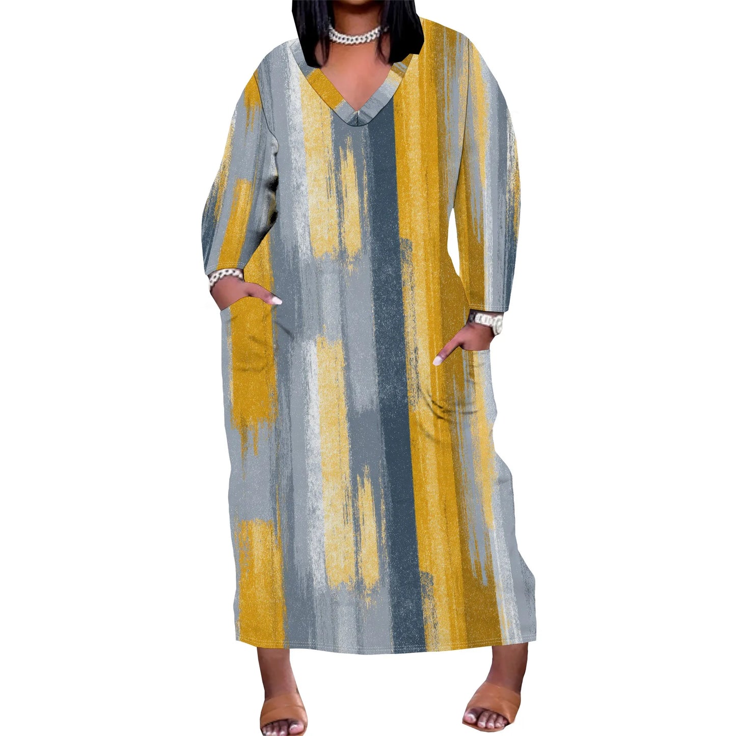 Oversized Baggy Summer Womens Print Dresses Sexy Casual T-Shirt V Neck Long Sleeve Maxi Dress with Pocket