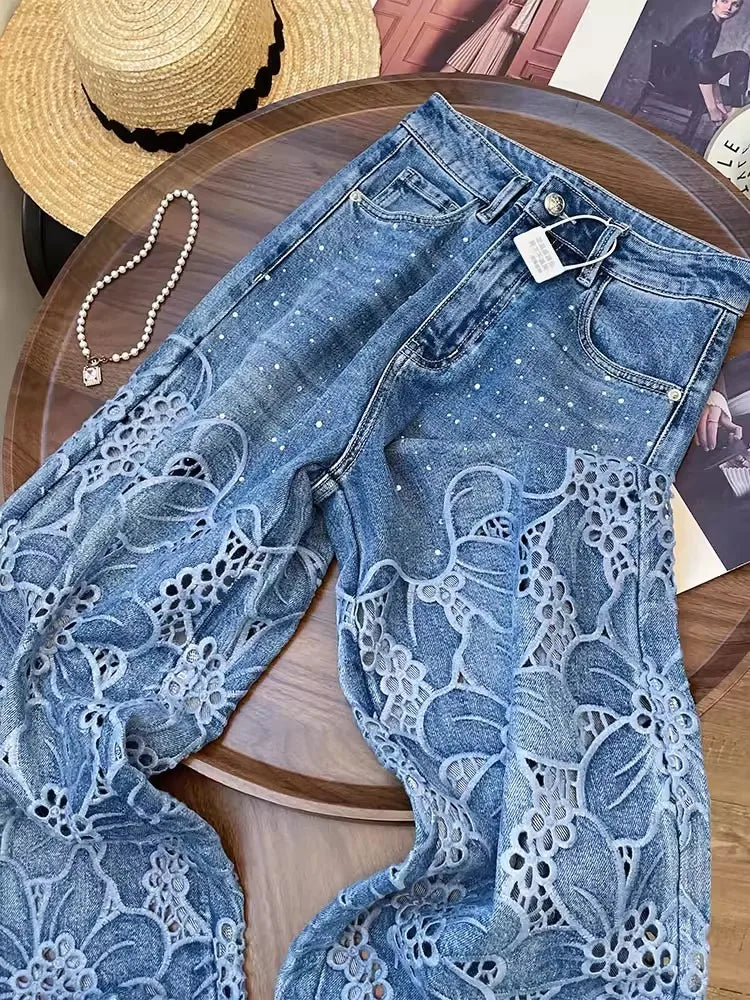 Summer Women Lace Floral Embroidery Wide Leg Denim Pant Spliced Loose Fit High Waist Hollow Out Jeans Streetwear Long Trousers