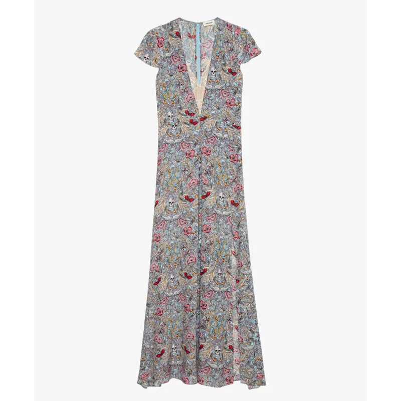 Women Short Sleeve Dress Female Casual V-Neck Long Dresses Lady Floral Print Lace Robes New Split Jupes