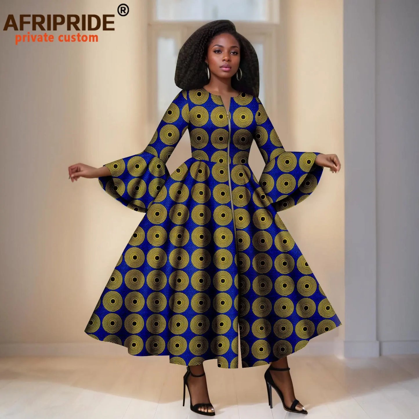 African Print Dresses for Women Flare Sleeve Elegant Zip Maxi Dress Party Attire for Lady Dashiki Long Dress